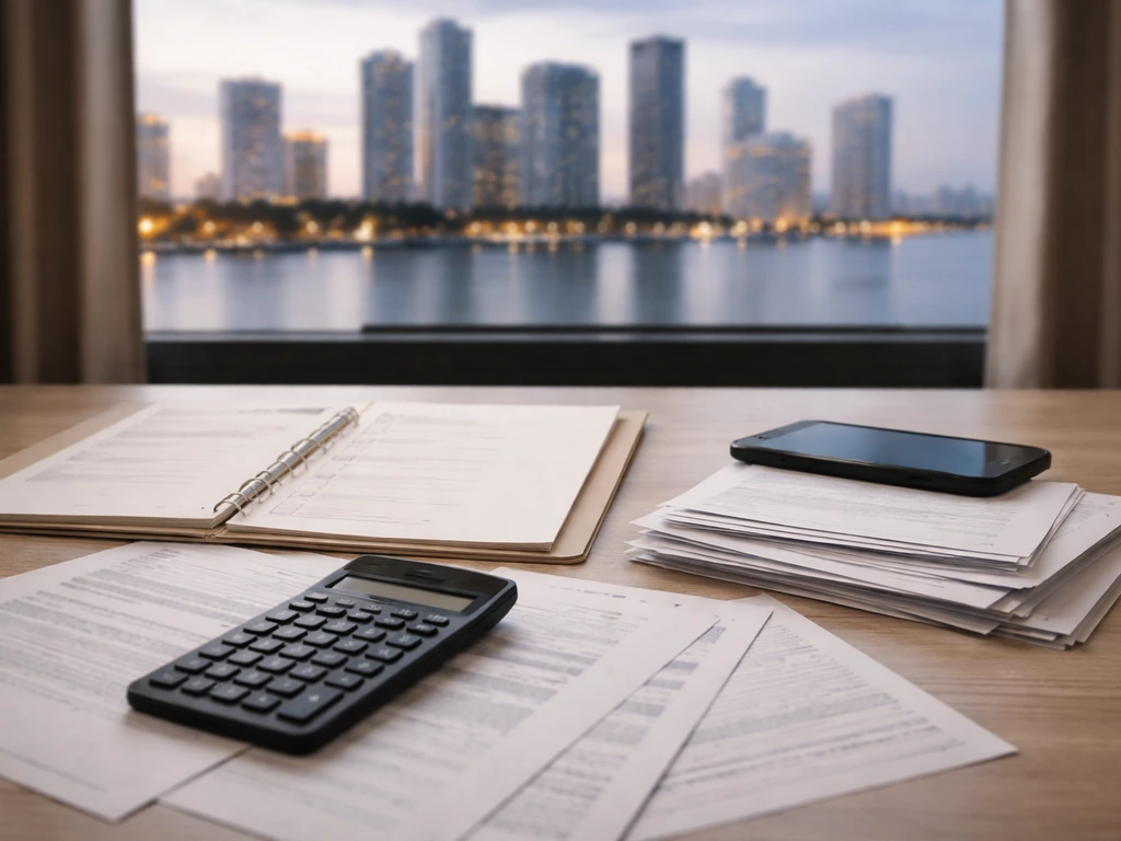 Minimal photo of an anonymous desk setup with equity documents, a calculator, and a city-view window at dusk