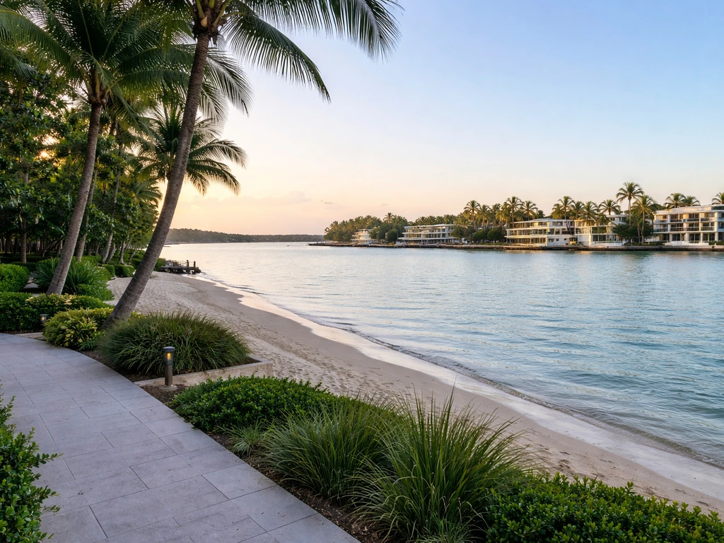 Sunlit Miami Beach waterfront scene with calm water and modern homes along North View Drive area.