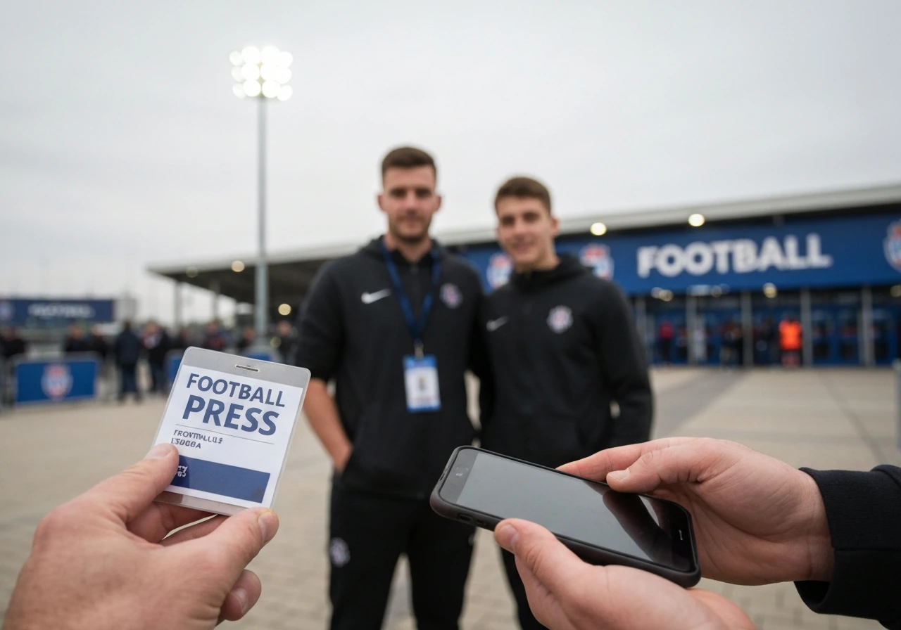 Anonymous football press moment outside a stadium, hands holding a credential and phone.