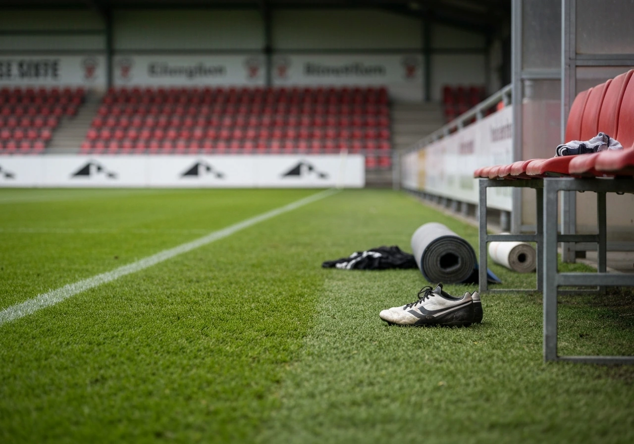 Empty lower-division German stadium sideline with football boots and training gear near the pitch.