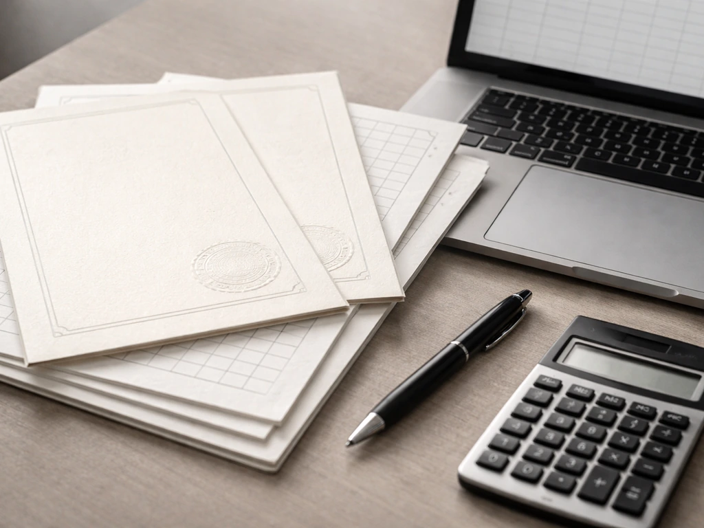 Close-up of blank registry papers and a spreadsheet-like layout on a desk for estimating business income.