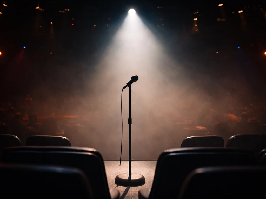 Stage microphone under a spotlight with a blurred audience in a dark Vegas-style theater.