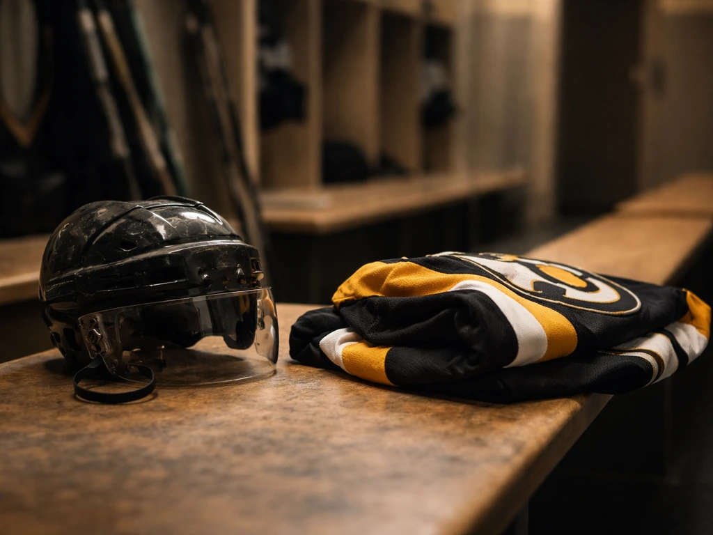 Worn Bruins helmet and jersey in a quiet locker-room corridor, symbolizing the main contract era earnings.