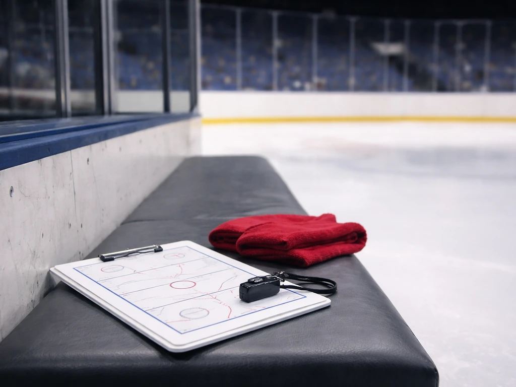 Empty hockey coaching bench with training tools in a bright arena, evoking NHL staff work