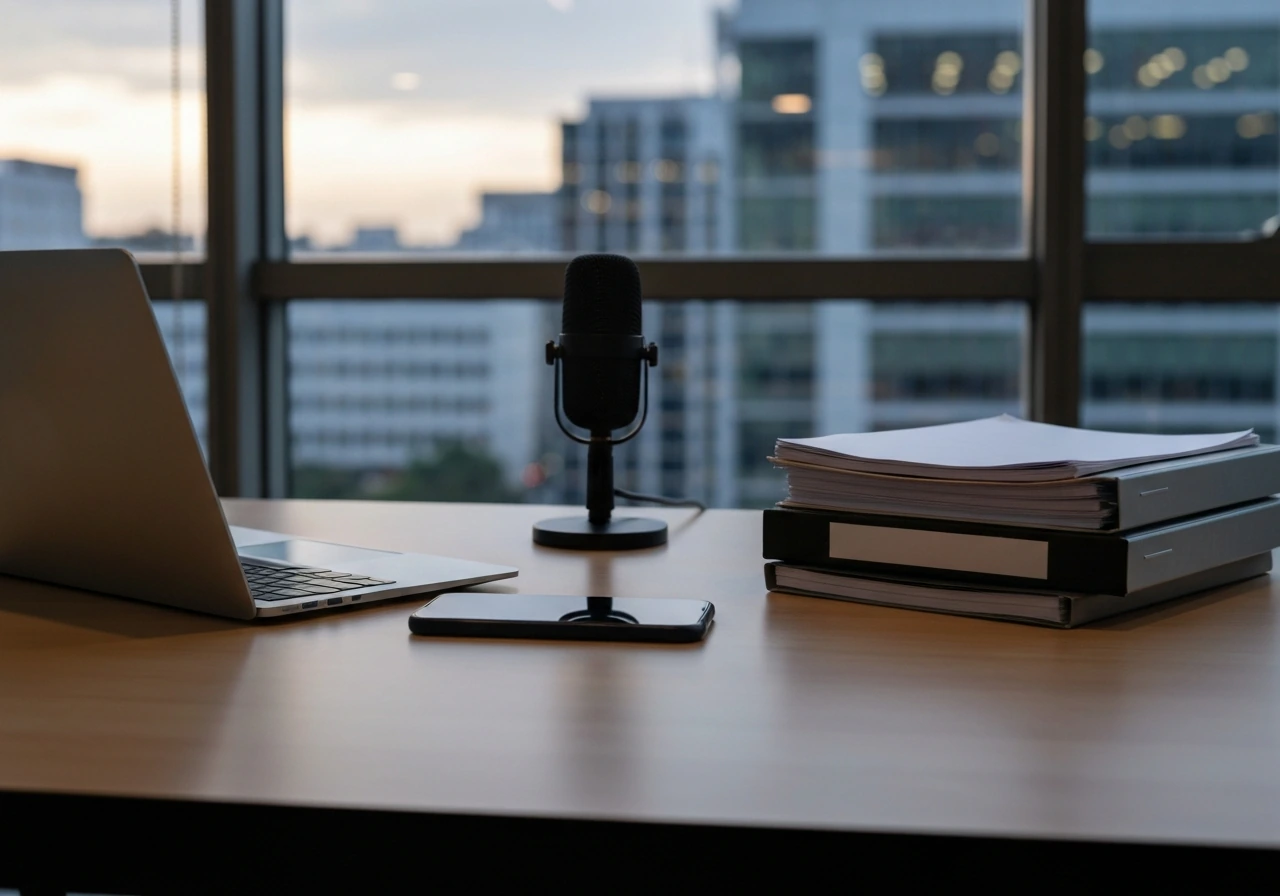 Minimal office desk with laptop, phone, and mic beside blurred city view symbolizing investor net worth analysis.