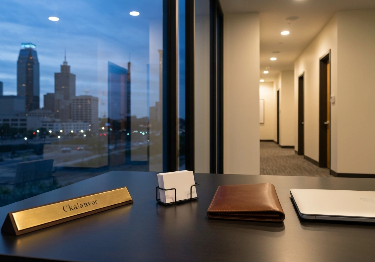 Minimal executive office scene with desk items and Oklahoma skyline reflections, symbolizing real estate leadership.