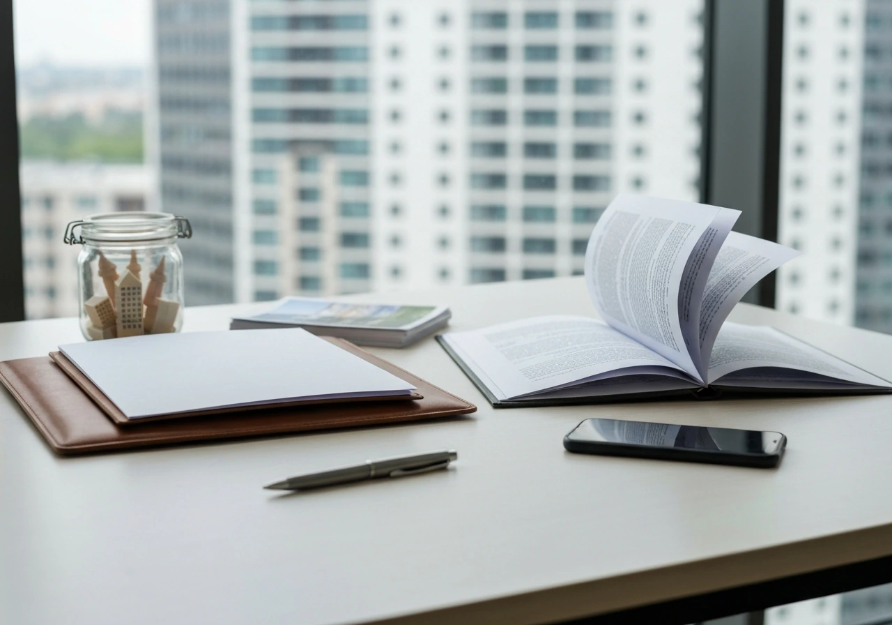 Minimal office desk with blank appraisal papers and property photos suggesting assets vs liabilities.