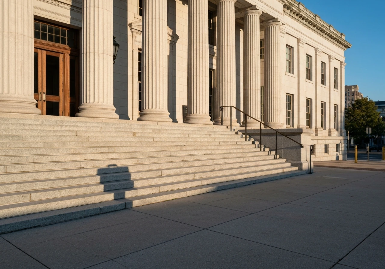 Delaware courthouse steps and facade suggesting legal and financial context