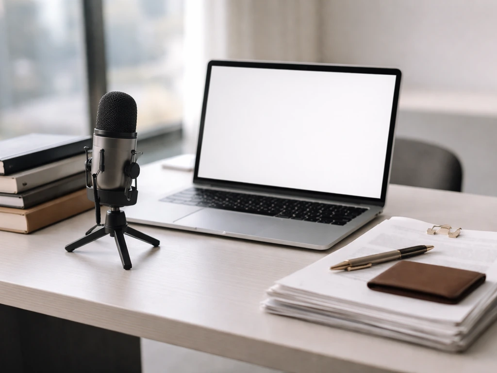 Minimal tech journalist desk with microphone, books, laptop, and financial-looking accessories in natural light.