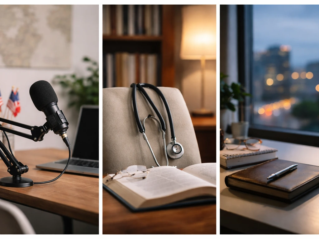 Three-panel collage of anonymous tech studio, doctor study, and office finance scene to suggest name disambiguation.