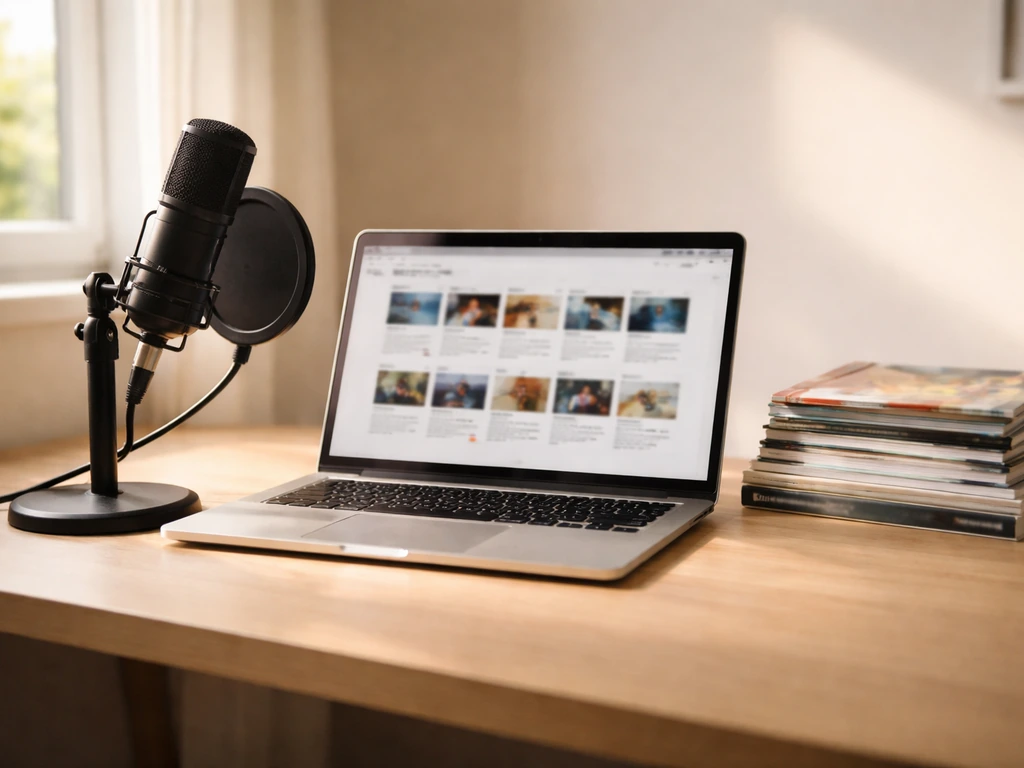 Minimal desk scene with laptop thumbnails, a podcast microphone, and stacked journalism books/magazines.