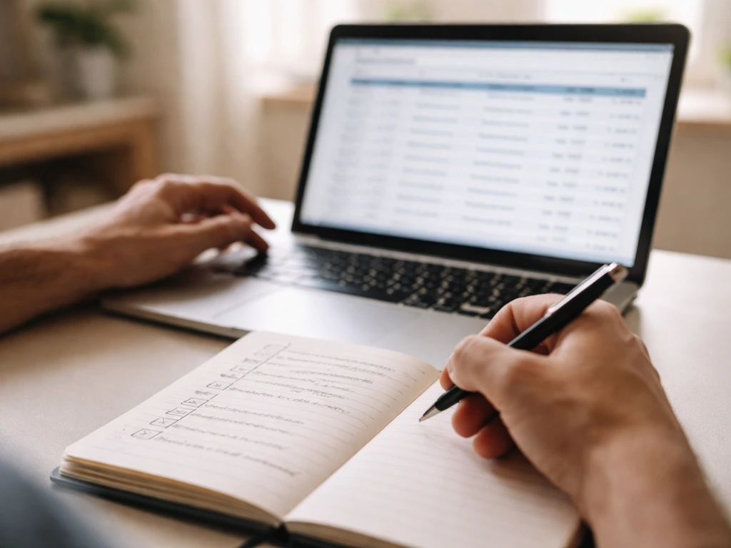 Hands taking notes beside a laptop showing a generic property-records search screen interface
