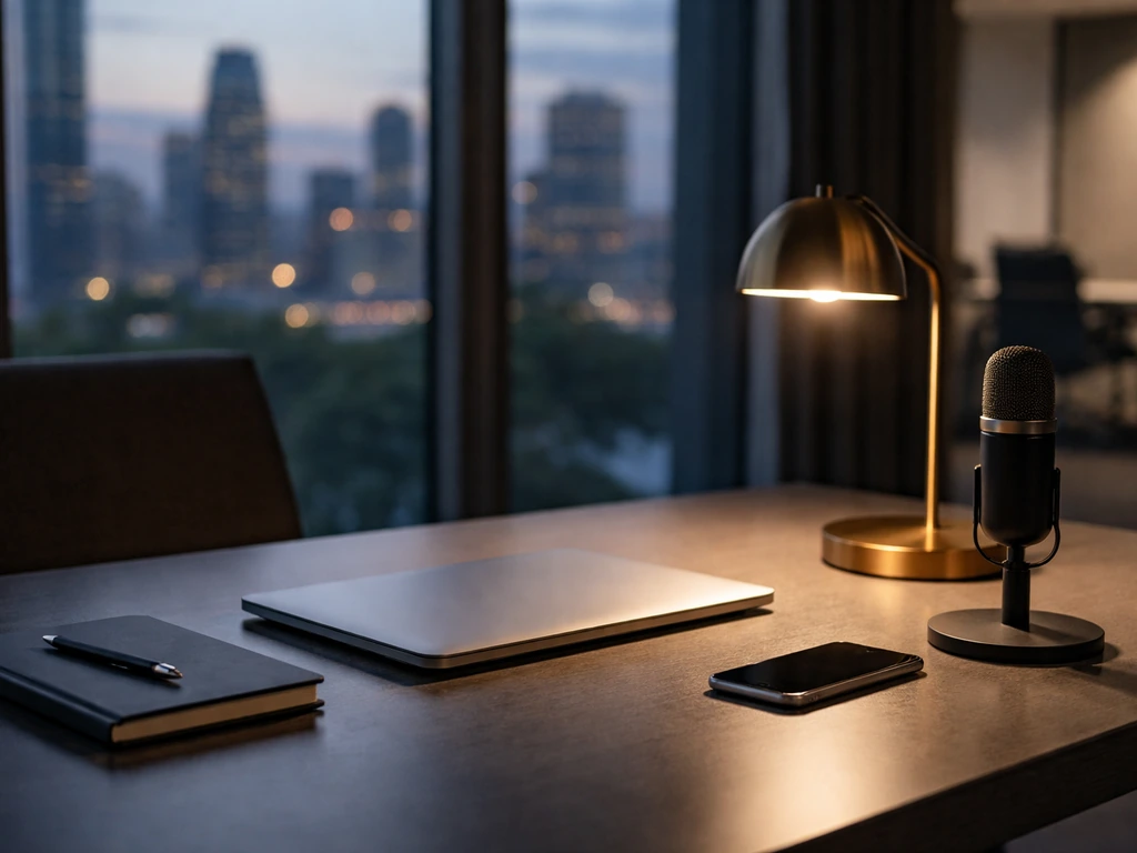 Minimal business desk scene with laptop and microphone, suggesting credible analysis and financial media work