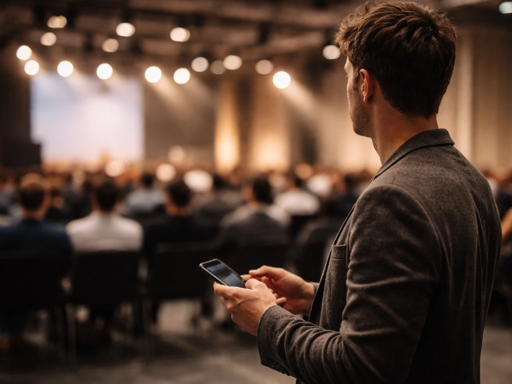 Anonymous tech professional at a conference venue holding a smartphone, background lights softly blurred.
