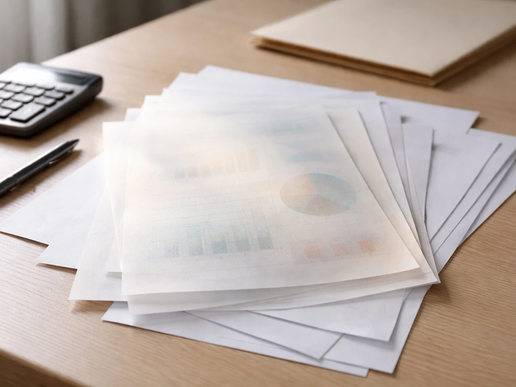Close-up of a desk with scattered documents, calculator, and layered translucent sheets symbolizing methodology.
