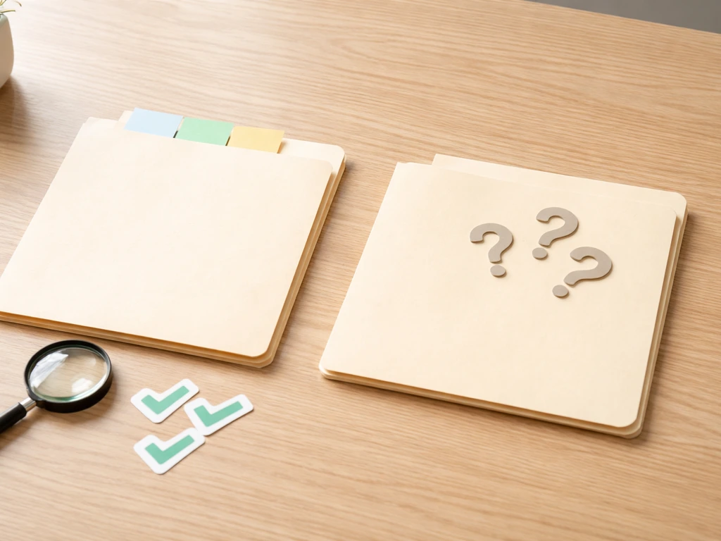 Minimal desk scene with two folders, checkmark stickers and question-mark cutouts, suggesting confirmed vs speculative.