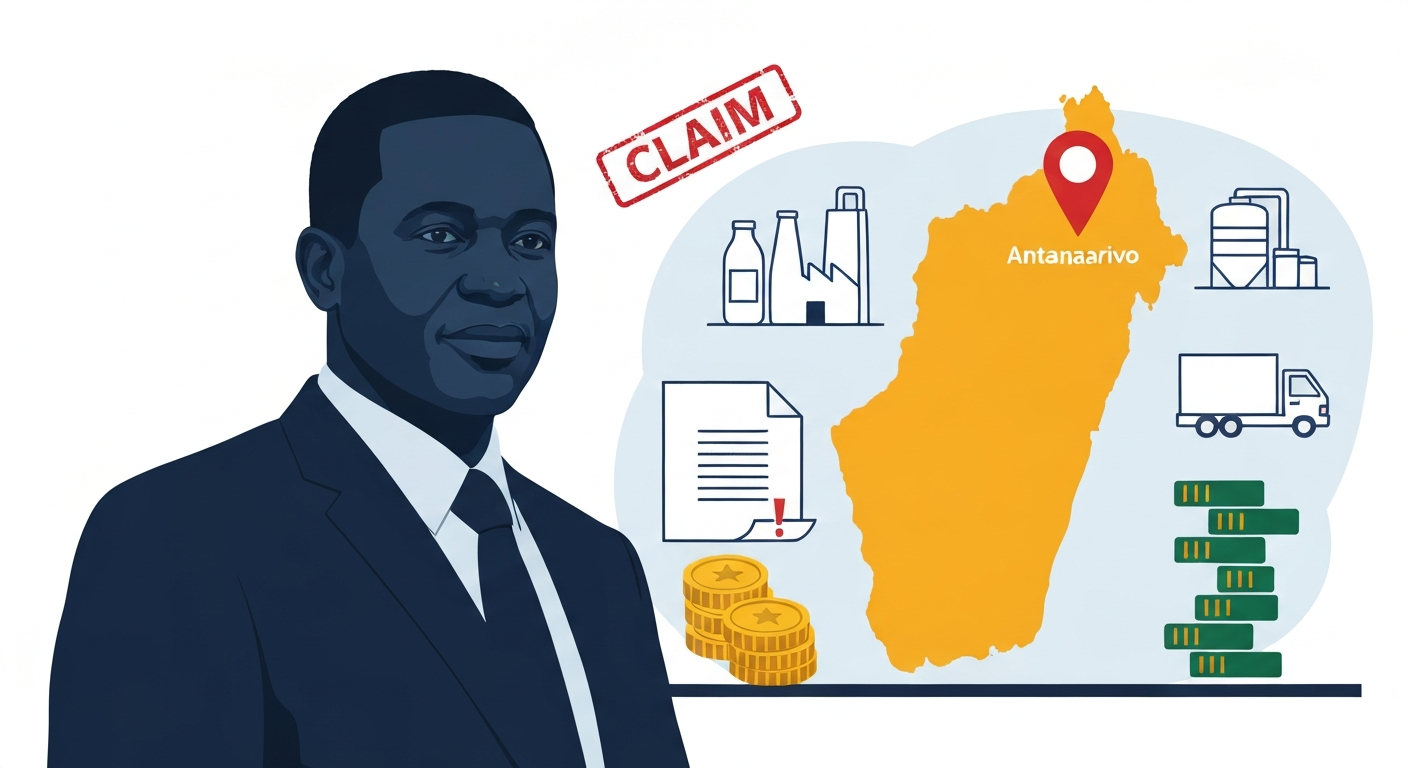 Stylized editorial illustration: silhouette of a business founder, Madagascar map pin, factory and dairy icons, stacked coins and a document stamp indicating legal claims.