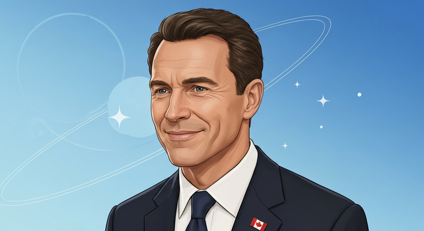 Illustration portrait of Marc Garneau (head and shoulders) with a subtle space motif background.