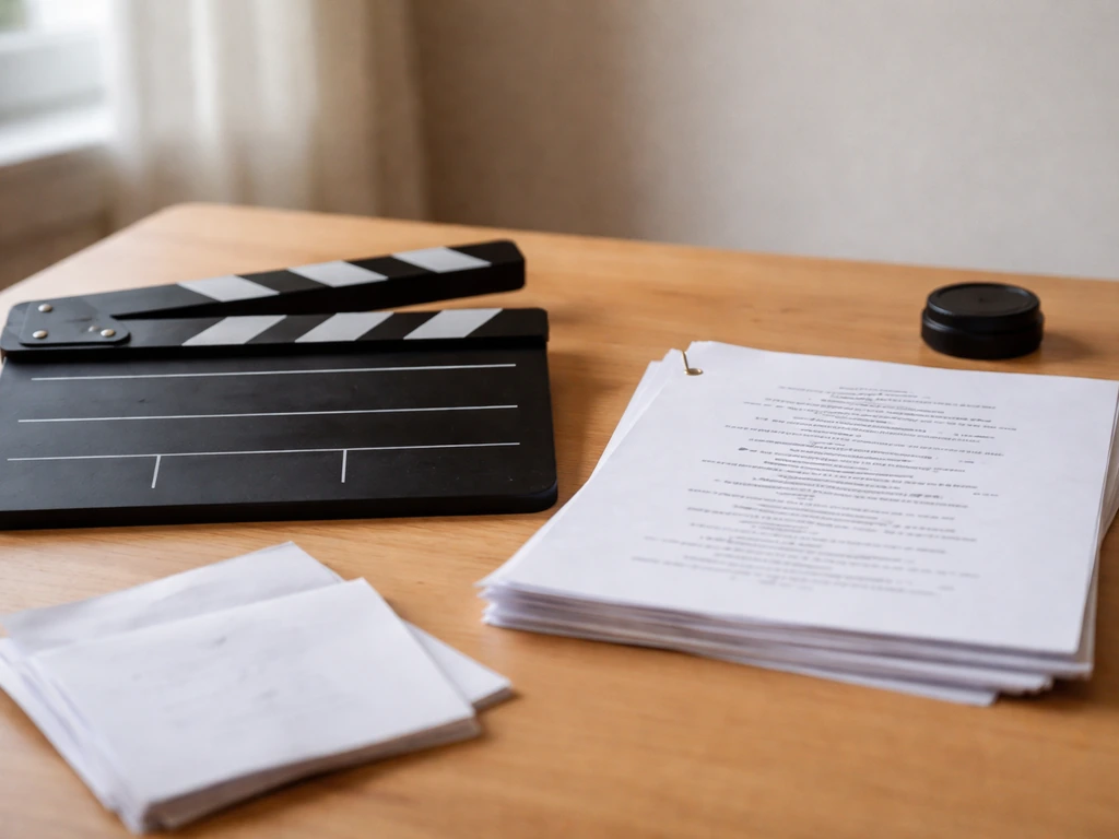 Close-up of a film slate and script pages on a desk, suggesting a TV screenwriter/producer