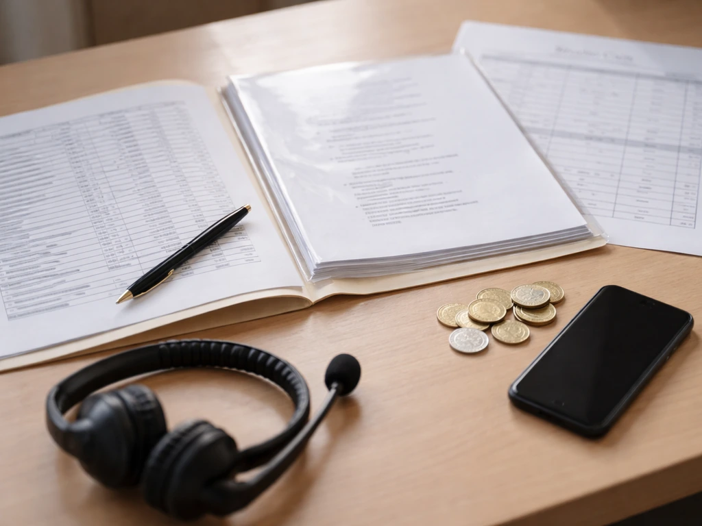 Minimal TV finance workspace with unreadable documents, TV script pages, and coins symbolizing producer income.
