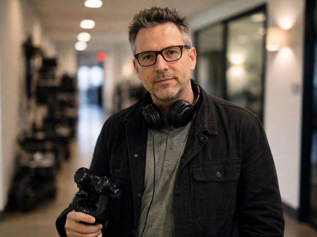 Marc Klasfeld in a modern film studio hallway holding production gear, candid natural-light photo.