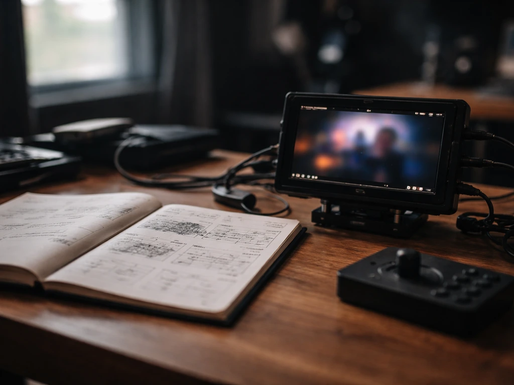 Open music video storyboard and a monitor rig on a desk in a studio workspace, no people.