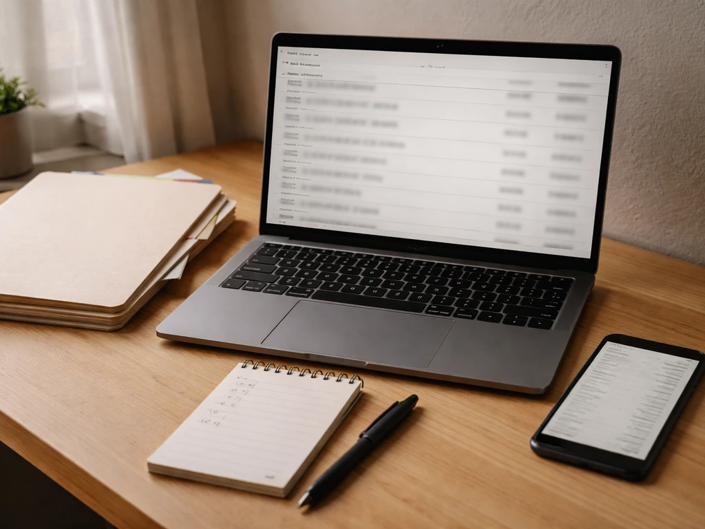 DIY desk setup with laptop and phone showing generic credits list, plus blank tabbed records for cross-checking.