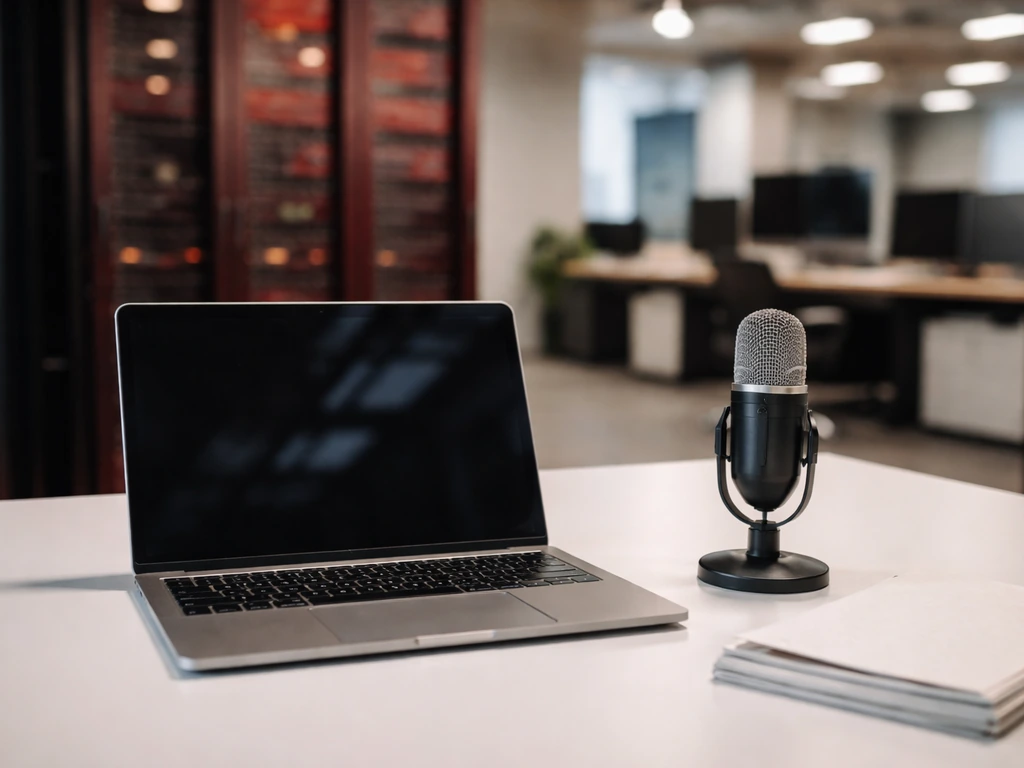Minimal enterprise tech office scene with subtle financial symbolism and muted tech branding mood.