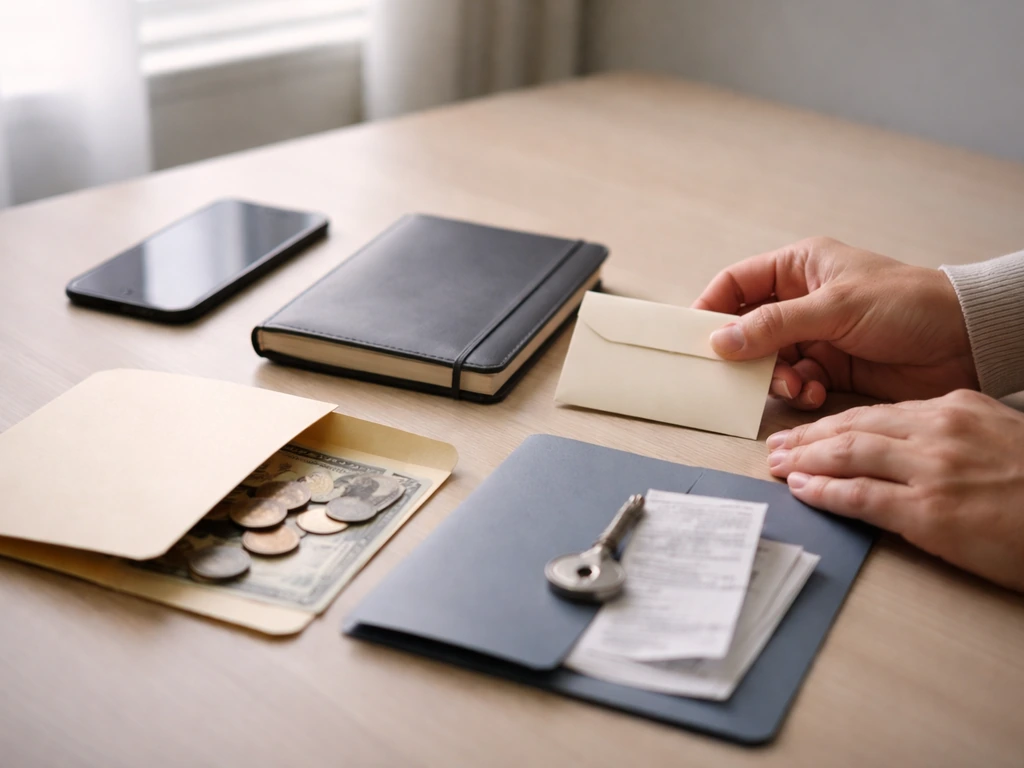 Anonymous hands organize assets and obligations on a minimal desk with money and documents.