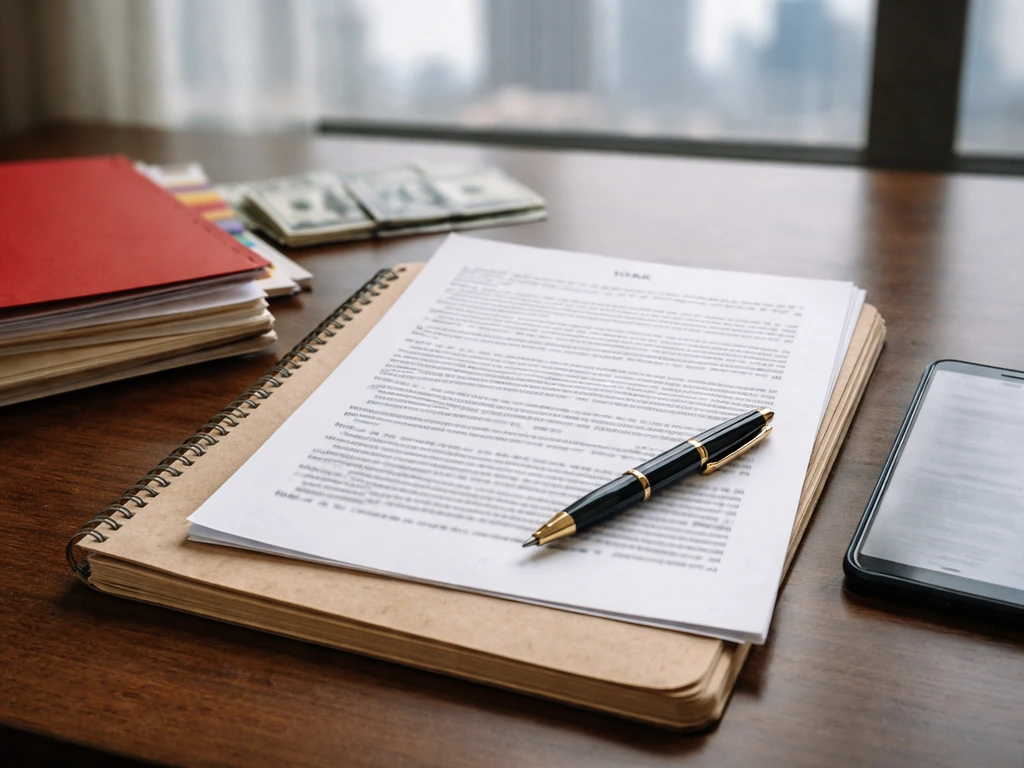 Desk with an SEC-style 10-K page, pen, and blurred phone research on public finance evidence.