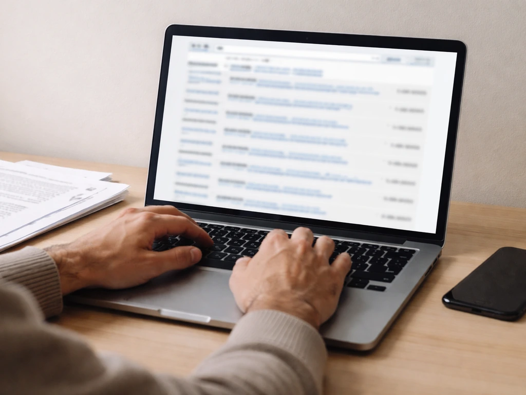 Person using a laptop to search the SEC EDGAR site, with a plain desk and documents nearby.