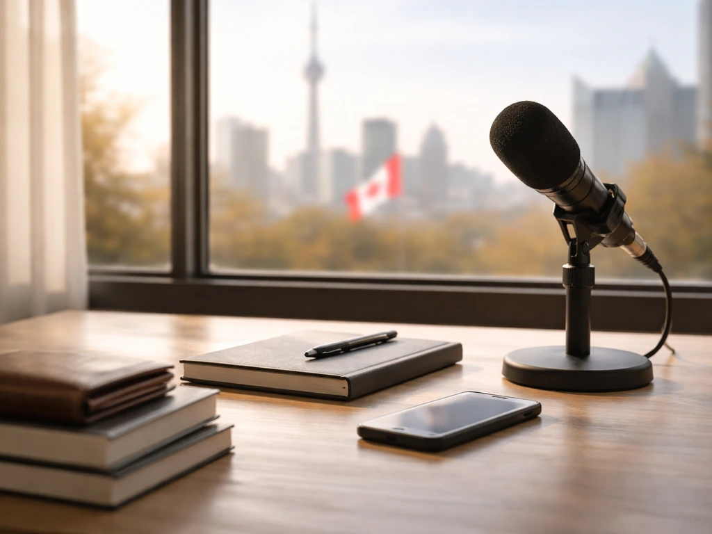 Minimal studio desk with microphone, books, and a wallet, symbolizing wealth research in a Canada-like setting.