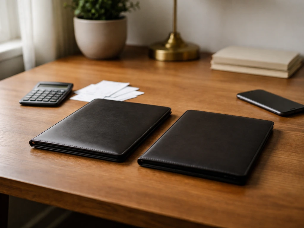 Blank desk scene with two side-by-side folios, calculator, and receipts suggesting net worth comparison.