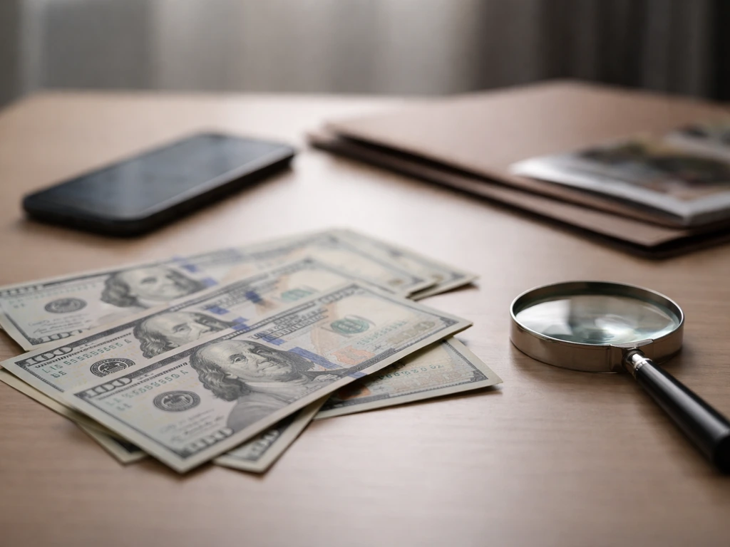 Close-up of scattered money and a smartphone displaying blurred financial numbers, suggesting unreliable estimates