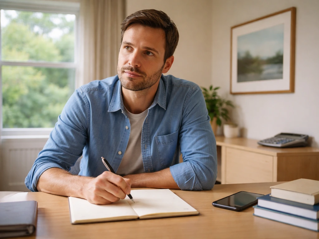 Anonymous finance counselor-style man at a desk with notepad, calculator, and calm window greenery background.