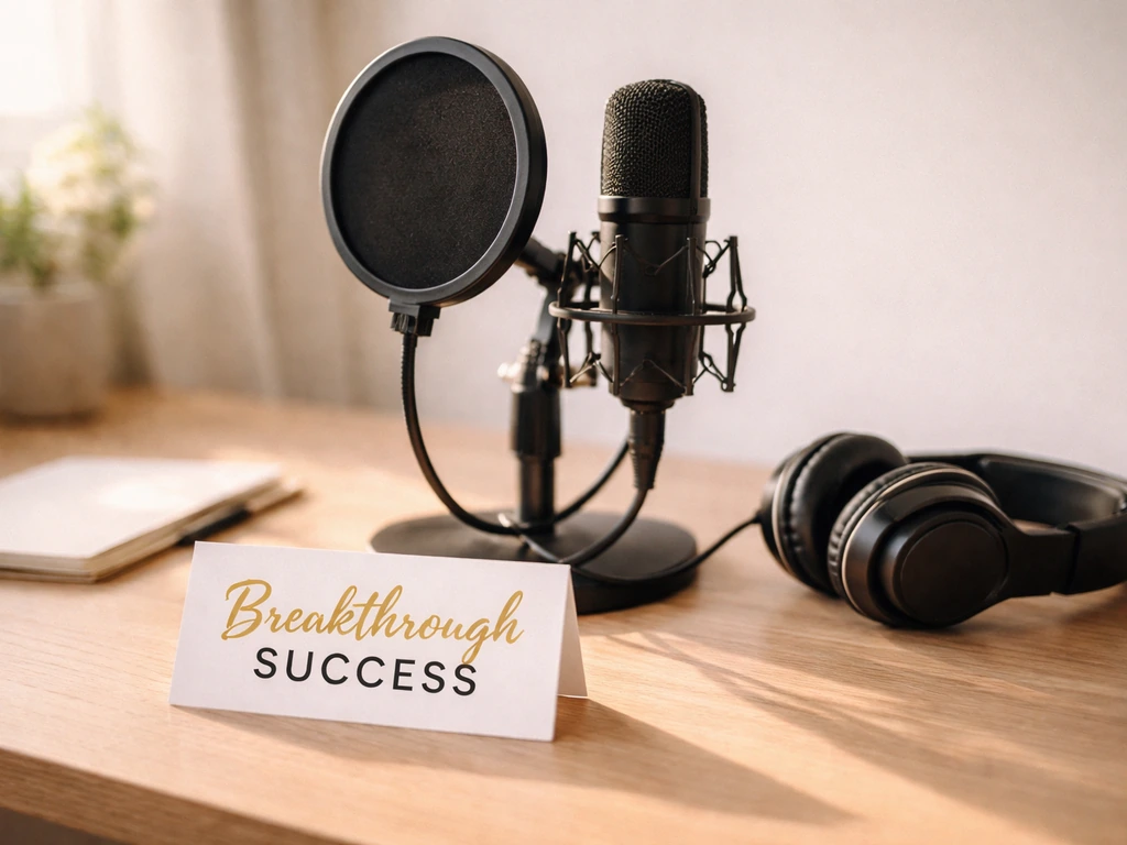 Minimal podcast desk setup with microphone, pop filter, headphones, and a “Breakthrough Success” branded element.