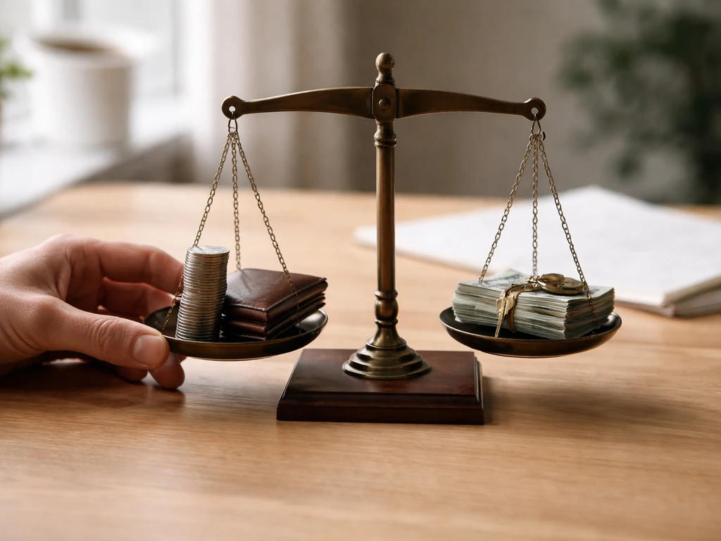 Hands placing coins beside a simple balance scale symbolizing assets minus liabilities