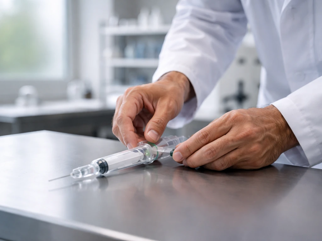Hands in a lab adjusting a generic auto-disable syringe prototype in a clean, bright healthcare workspace.