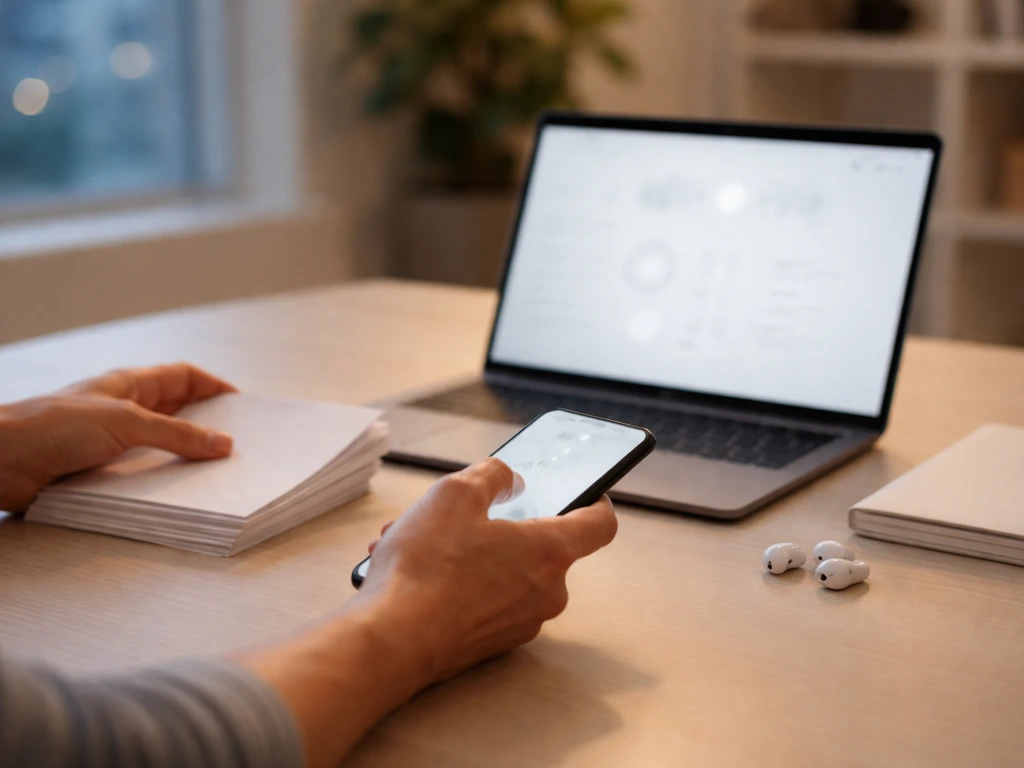 Minimal photo of a desk with a smartphone and open laptop showing blurred media icons, suggesting net worth estimation