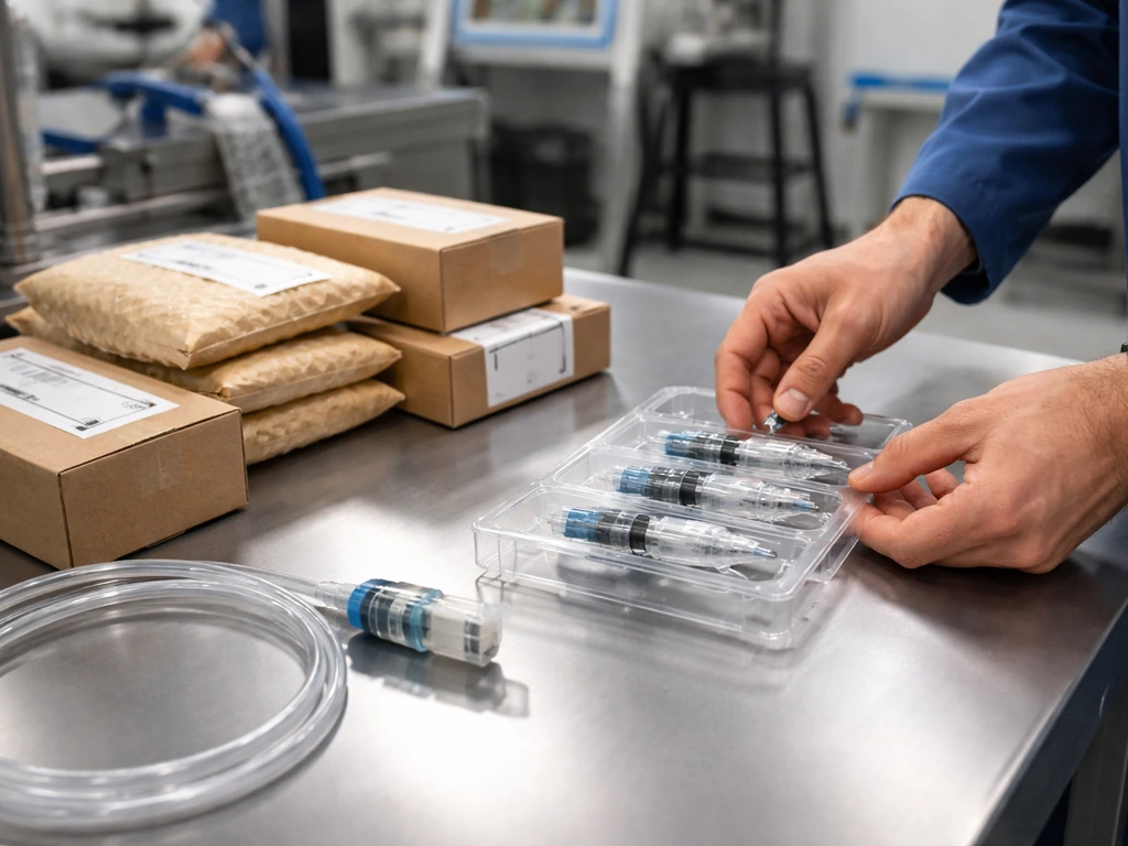 Close-up of industrial injection-device parts on a workbench beside labeled product boxes