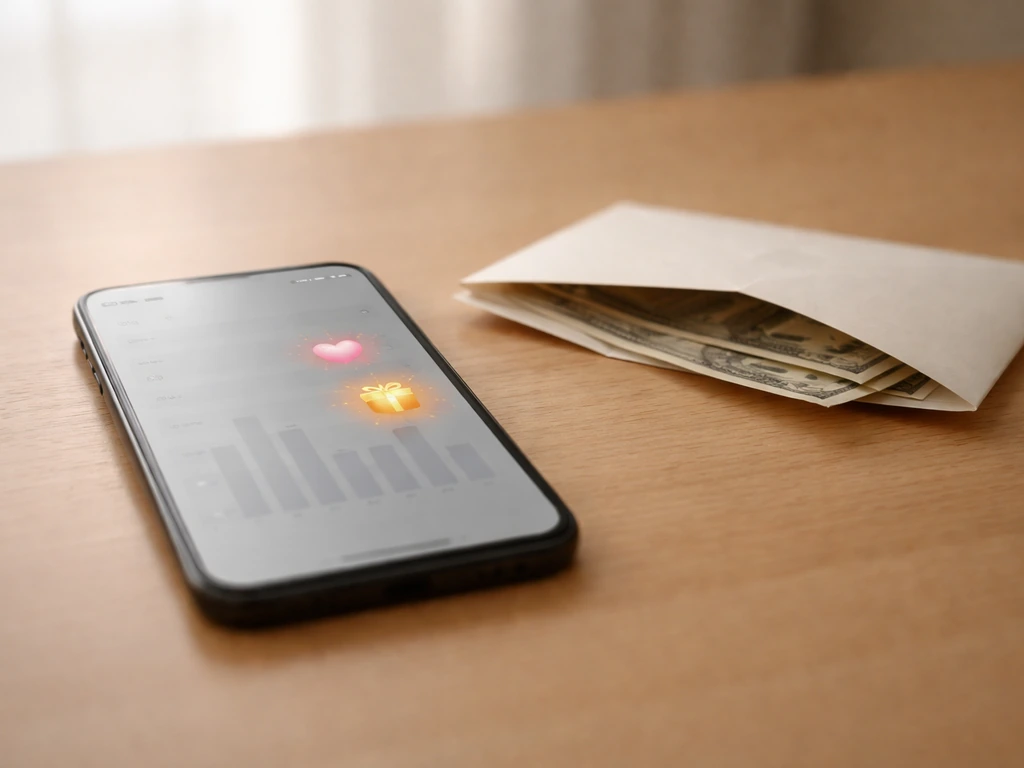 Minimal desk scene with a smartphone showing vague social media metrics and a cash envelope nearby