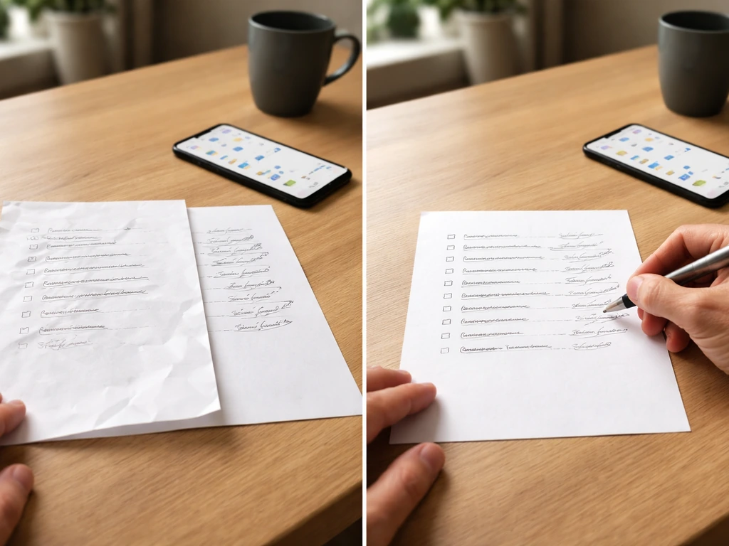 Hands comparing two printed pages with a phone showing social stats, then writing updated notes