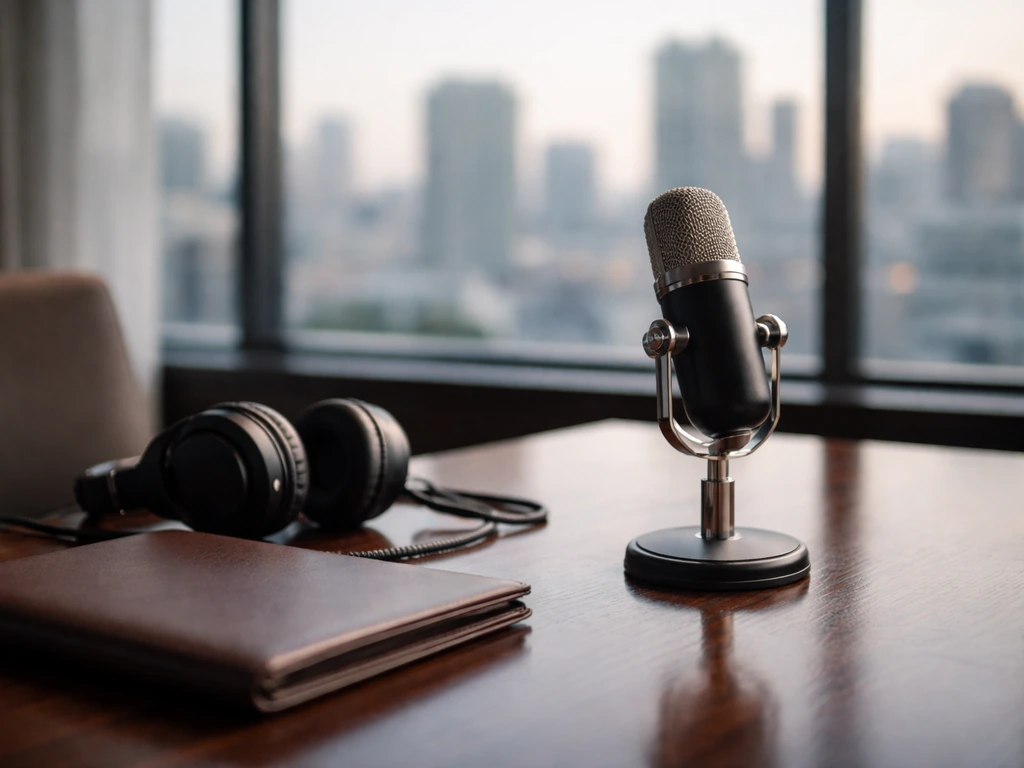 Minimal media office scene with microphone and leather portfolio symbolizing TV earnings analysis