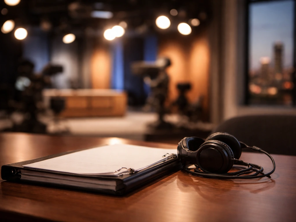 Neat television studio workspace with a script binder and studio lights, suggesting an American TV actor profile