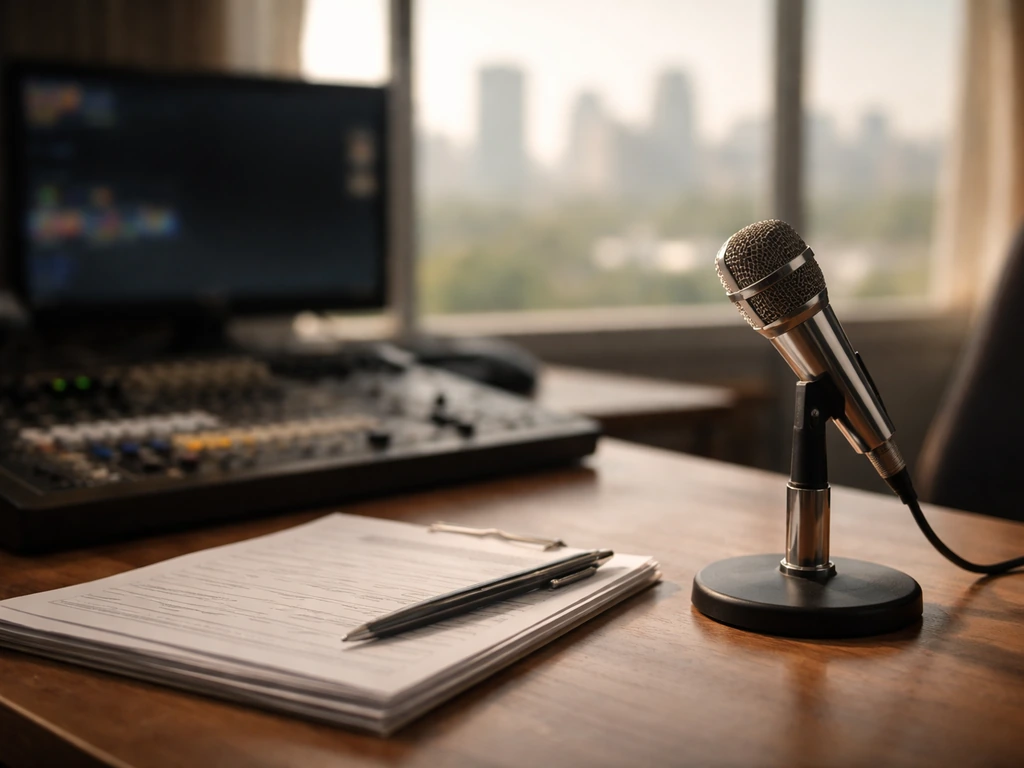 Minimal TV studio desk scene with a microphone and blank materials, symbolizing typical TV acting income.
