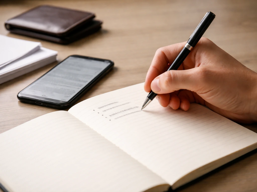 Hand holding a pen over a simple notebook checklist about verifying financial estimates.