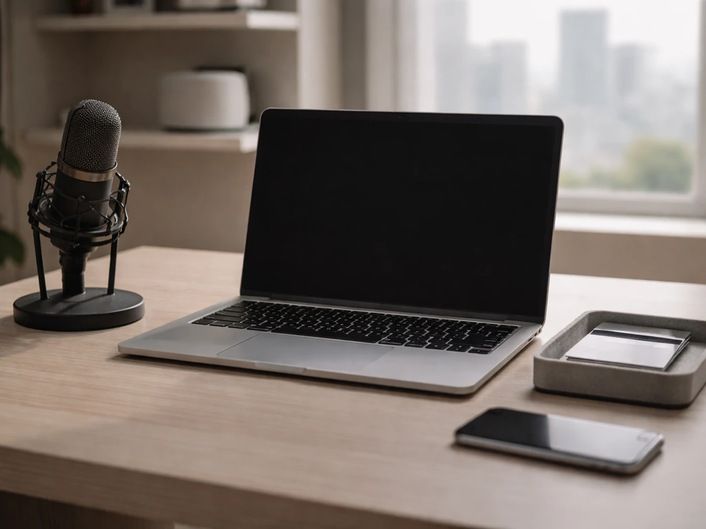 Minimal tech-office desk with laptop, microphone, and financial items symbolizing identity verification.