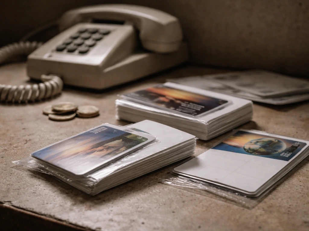 Close-up of vintage prepaid phone card packaging and old telecom equipment on a desk