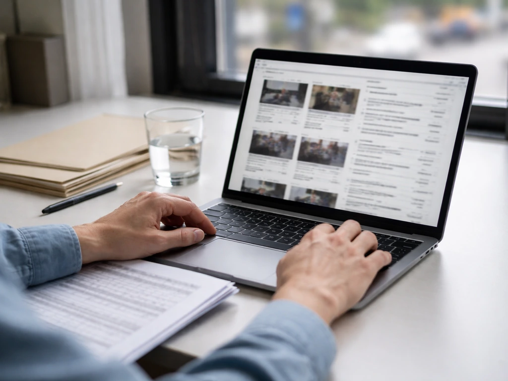 Person reviewing public records and archived news on a laptop with folders and a pen on a desk