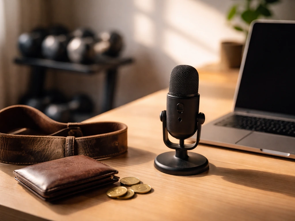 Minimal home gym desk scene with microphone and wallet coins, hinting fitness business and income
